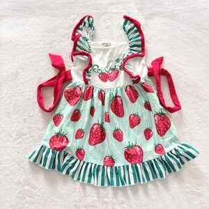 Sydney So Sweet Strawberry Dress Girls XS 2T-3T Red Mint‎ Ruffle Tie Back Summer